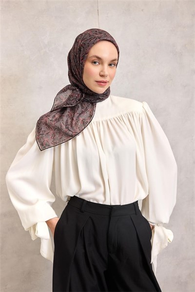 Pamuk Polyester Soft Eşarp Duman Ton Çiçek Desenli Kaymaz Dokulu 90x90