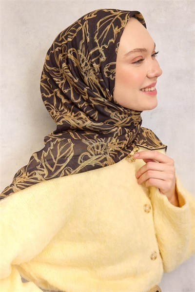 Pamuk Polyester Soft Eşarp Dumanlı Siyah Lilyum Desenli Tok Duruşlu 90x90