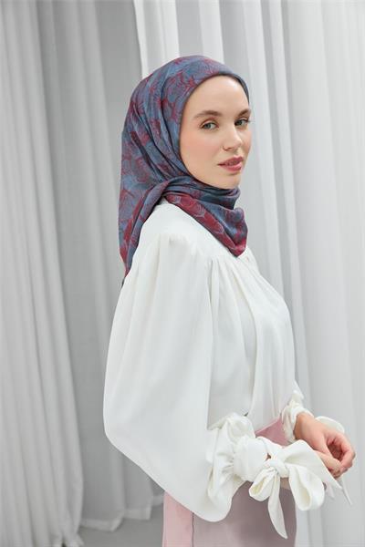 Pamuk Polyester Soft Eşarp Eflatun  Yaprak Desen 90*90