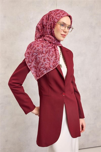Pamuk Polyester Soft Eşarp Eflatun Çiçek Desenli Kaymaz Dokulu Tok Duruşlu 90x90