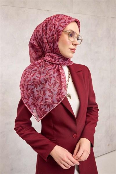 Pamuk Polyester Soft Eşarp Eflatun Çiçek Desenli Kaymaz Dokulu Tok Duruşlu 90x90