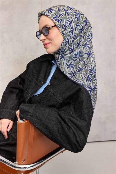 Pamuk Polyester Soft Eşarp Flora Desen Açık Asker Yeşili 90*90