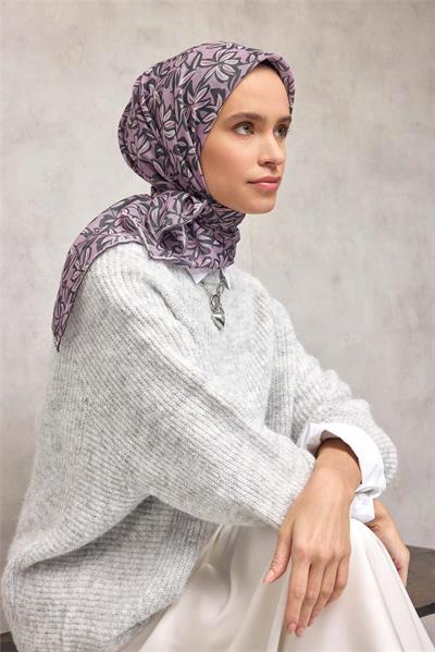Pamuk Polyester Soft Eşarp Flora Desen Açık Pembe 90*90
