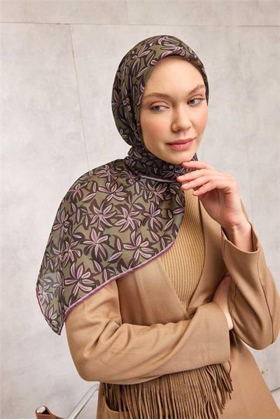 Pamuk Polyester Soft Eşarp Flora Desen Asker Yeşili 90*90
