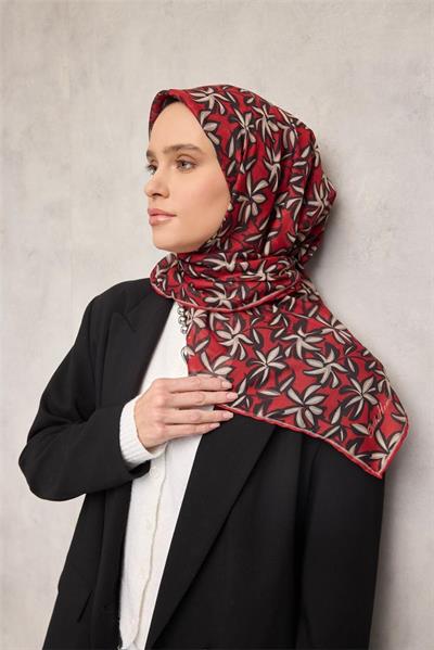 Pamuk Polyester Soft Eşarp Flora Desen Kiremit Kırmızı 90*90