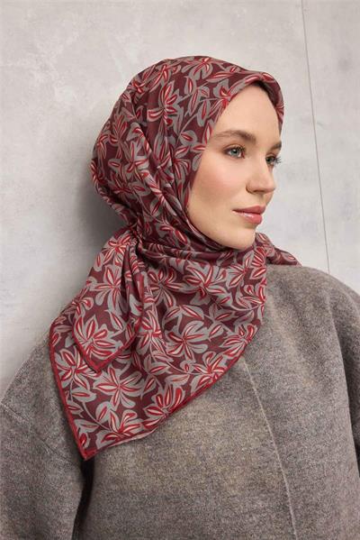 Pamuk Polyester Soft Eşarp Flora Desen Kiremit Bordo 90*90