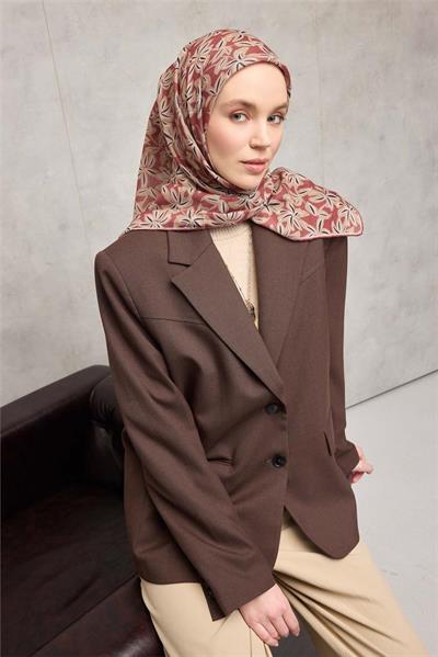 Pamuk Polyester Soft Eşarp Flora Desen Kiremit 90*90