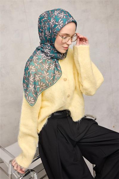 Pamuk Polyester Soft Eşarp Flora Desen Patina Yeşili 90*90
