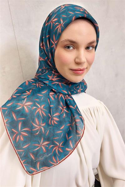 Pamuk Polyester Soft Eşarp Flora Desen Turuncu 90*90