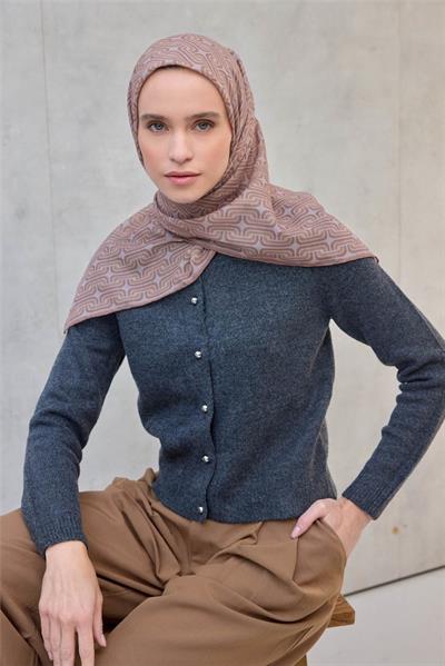 Pamuk Polyester Soft Eşarp Geometrik Desen Koyu Bej 90x90