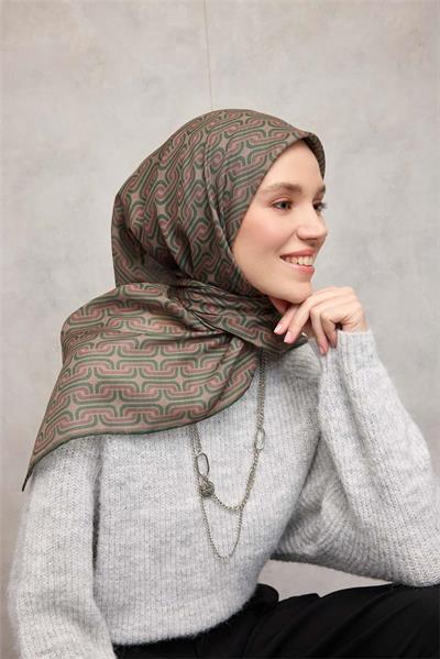 Pamuk Polyester Soft Eşarp Geometrik Desen Krem 90x90