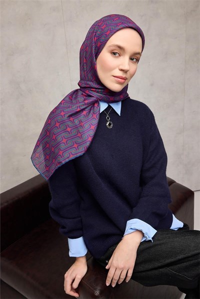 Pamuk Polyester Soft Eşarp Geometrik Desen Violet 90x90