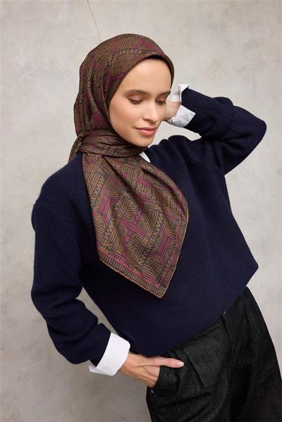 Pamuk Polyester Soft Eşarp Geometrik Desen Antrasit 90*90