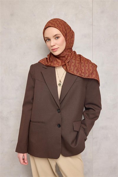 Pamuk Polyester Soft Eşarp Geometrik Desen Tarçın 90x90