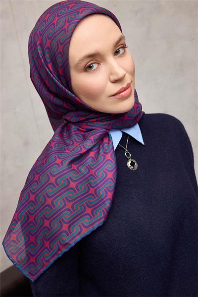 Pamuk Polyester Soft Eşarp Geometrik Desen Violet 90x90