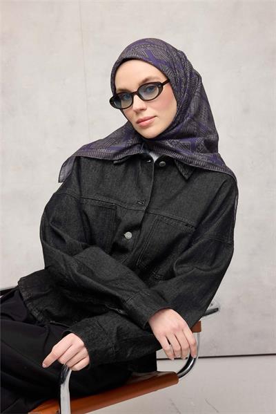 Pamuk Polyester Soft Eşarp Geometrik Desen Gri Yeşil 90*90