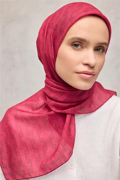 Pamuk Polyester Soft Eşarp Geometrik Desen Fuşya 90x90