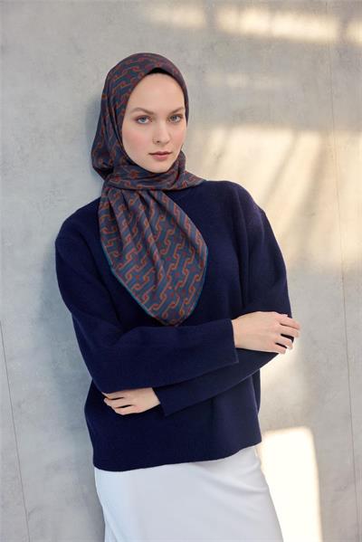 Pamuk Polyester Soft Eşarp Geometrik Desen Koyu Kiremit 90x90
