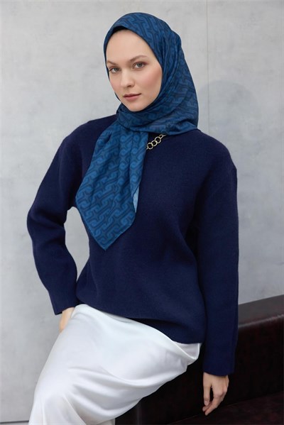 Pamuk Polyester Soft Eşarp Geometrik Desen Indigo Mavi 90x90
