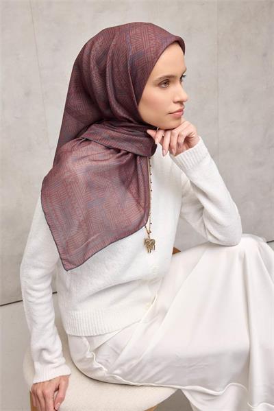 Pamuk Polyester Soft Eşarp Geometrik Desen Vişne 90*90