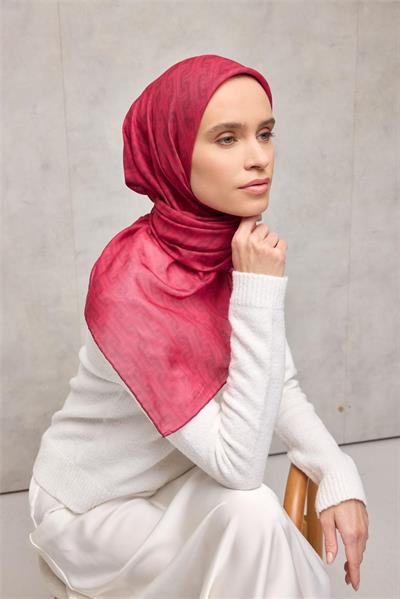 Pamuk Polyester Soft Eşarp Geometrik Desen Fuşya 90x90