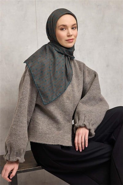 Pamuk Polyester Soft Eşarp Geometrik Desen Petrol Yeşili 90x90