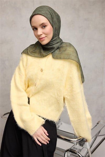 Pamuk Polyester Soft Eşarp Geometrik Desen Zümrüt Yeşili 90x90