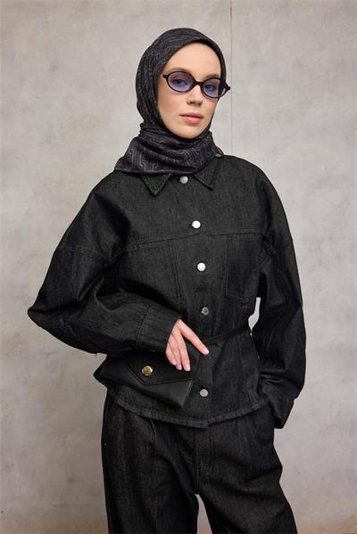 Pamuk Polyester Soft Eşarp Geometrik Desen Gece Siyahı 90x90