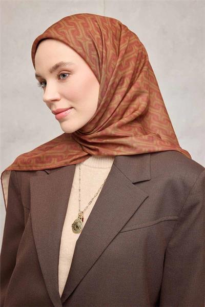 Pamuk Polyester Soft Eşarp Geometrik Desen Turuncu 90x90