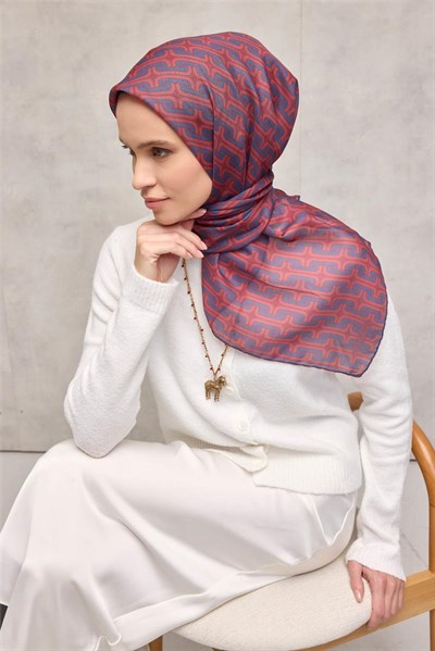 Pamuk Polyester Soft Eşarp Geometrik Desen Kiremit 90x90