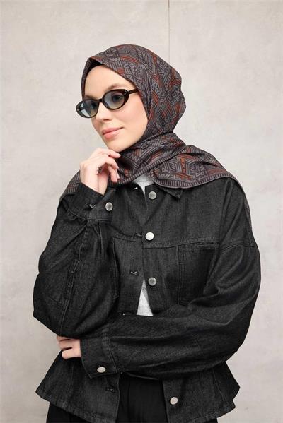 Pamuk Polyester Soft Eşarp Geometrik Desen Gri 90*90