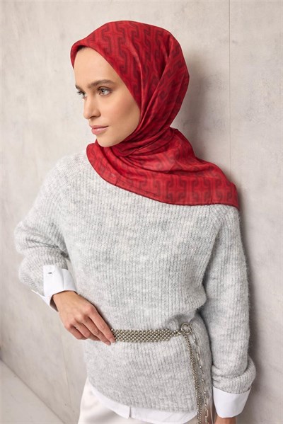Pamuk Polyester Soft Eşarp Geometrik Desen Kırmızı 90x90