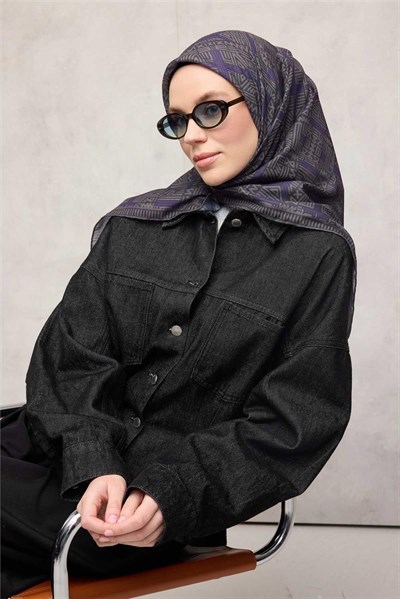 Pamuk Polyester Soft Eşarp Gri Yeşil Geometrik Desenli Kaymaz Dokulu Tok Duruşlu 90x90