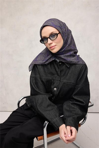 Pamuk Polyester Soft Eşarp Gri Yeşil Geometrik Desenli Kaymaz Dokulu Tok Duruşlu 90x90
