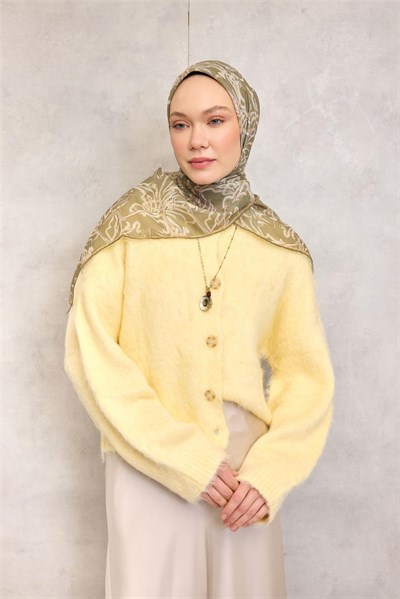 Pamuk Polyester Soft Eşarp Haki Lilium Desenli Kaymaz Dokulu 90x90