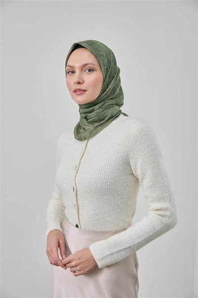 Pamuk Polyester Soft Eşarp Haki Yaprak Desen 90*90