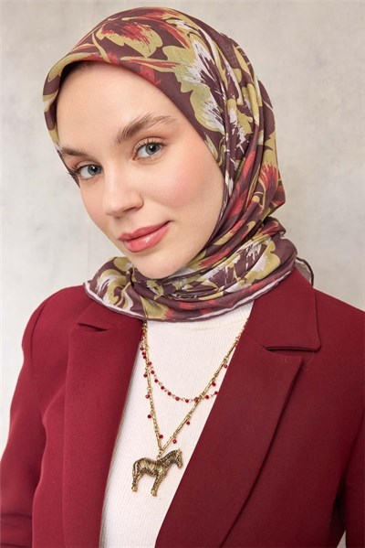 Pamuk Polyester Soft Eşarp Kahverengi Büyük Papatya Desenli Kaymaz Dokulu 90x90