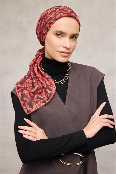 Pamuk Polyester Soft Eşarp Kahverengi Çiçek Desenli Kaymaz Dokulu 90x90