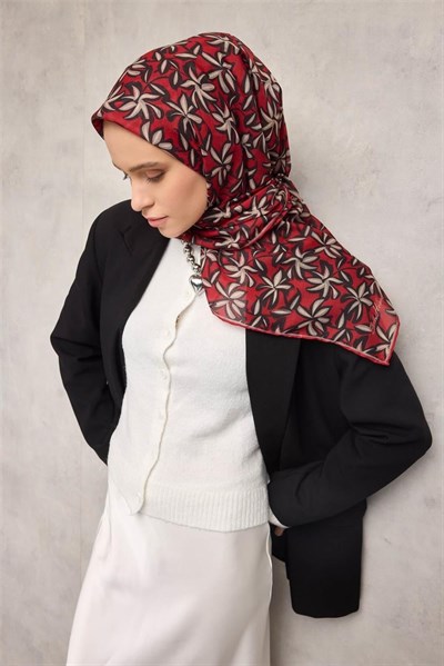 Pamuk Polyester Soft Eşarp Kiremit Kırmızı Flora Desenli Kaymaz Dokulu 90x90