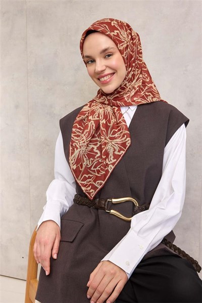 Pamuk Polyester Soft Eşarp Kiremit Lilium Desenli Kaymaz Dokulu 90x90