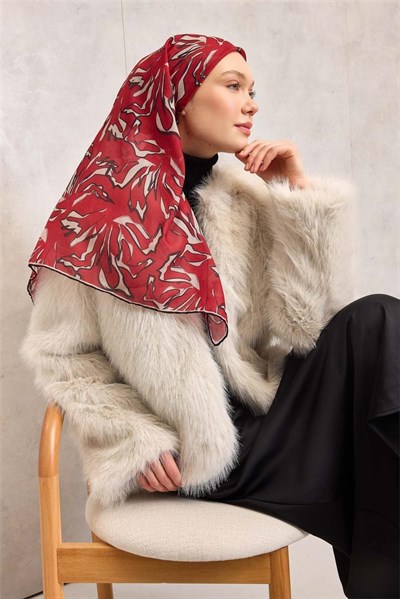 Pamuk Polyester Soft Eşarp Kırmızı Soyut Desenli Tok Duruşlu 90x90