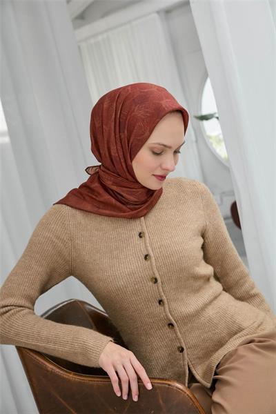 Pamuk Polyester Soft Eşarp Kırmızı Yaprak Desen 90*90