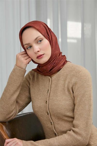 Pamuk Polyester Soft Eşarp Kırmızı Yaprak Desen 90*90