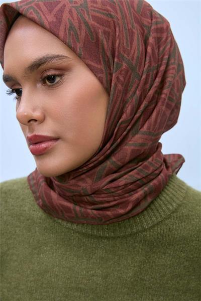 Pamuk Polyester Soft Eşarp Kızıl Kahve Geometrik Desen 90*90