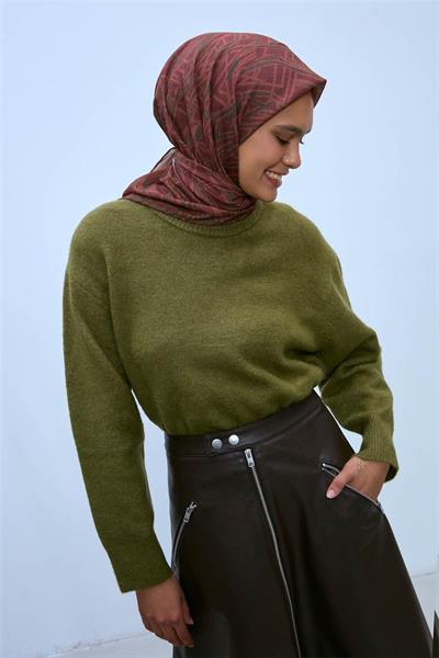 Pamuk Polyester Soft Eşarp Kızıl Kahve Geometrik Desen 90*90