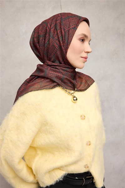 Pamuk Polyester Soft Eşarp Koyu Antrasit Geometrik Desenli Kaymaz Dokulu Tok Duruşlu 90x90