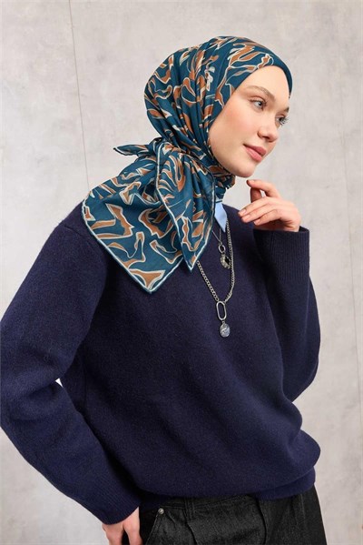 Pamuk Polyester Soft Eşarp Koyu Mavi Soyut Desenli Tok Duruşlu 90x90