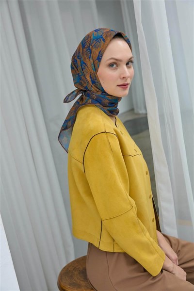 Pamuk Polyester Soft Eşarp Koyu Sarı Yaprak Desen 90*90