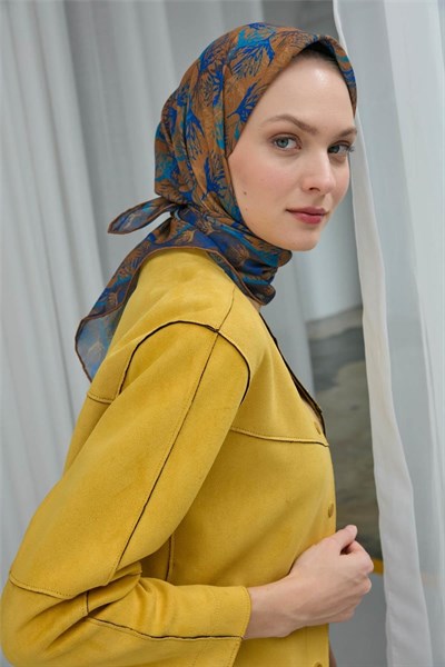 Pamuk Polyester Soft Eşarp Koyu Sarı Yaprak Desen 90*90