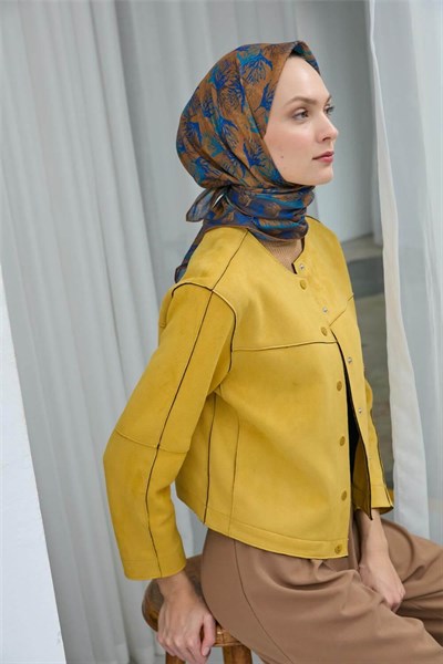 Pamuk Polyester Soft Eşarp Koyu Sarı Yaprak Desen 90*90